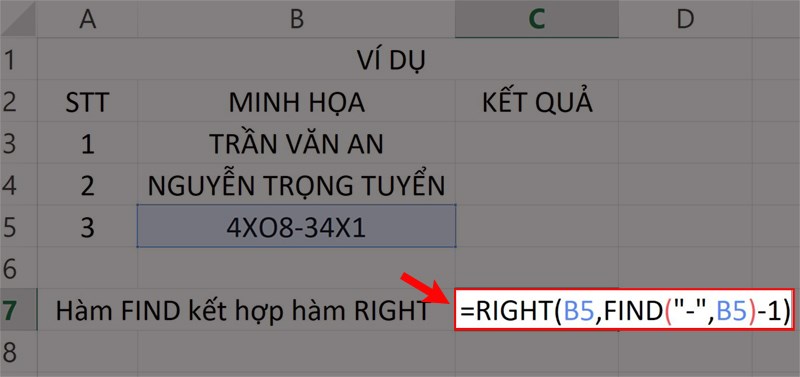 Nhập hàm =RIGHT(B5,FIND(